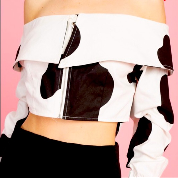 Cow print off the shoulders longsleeves top - Picture 2 of 3